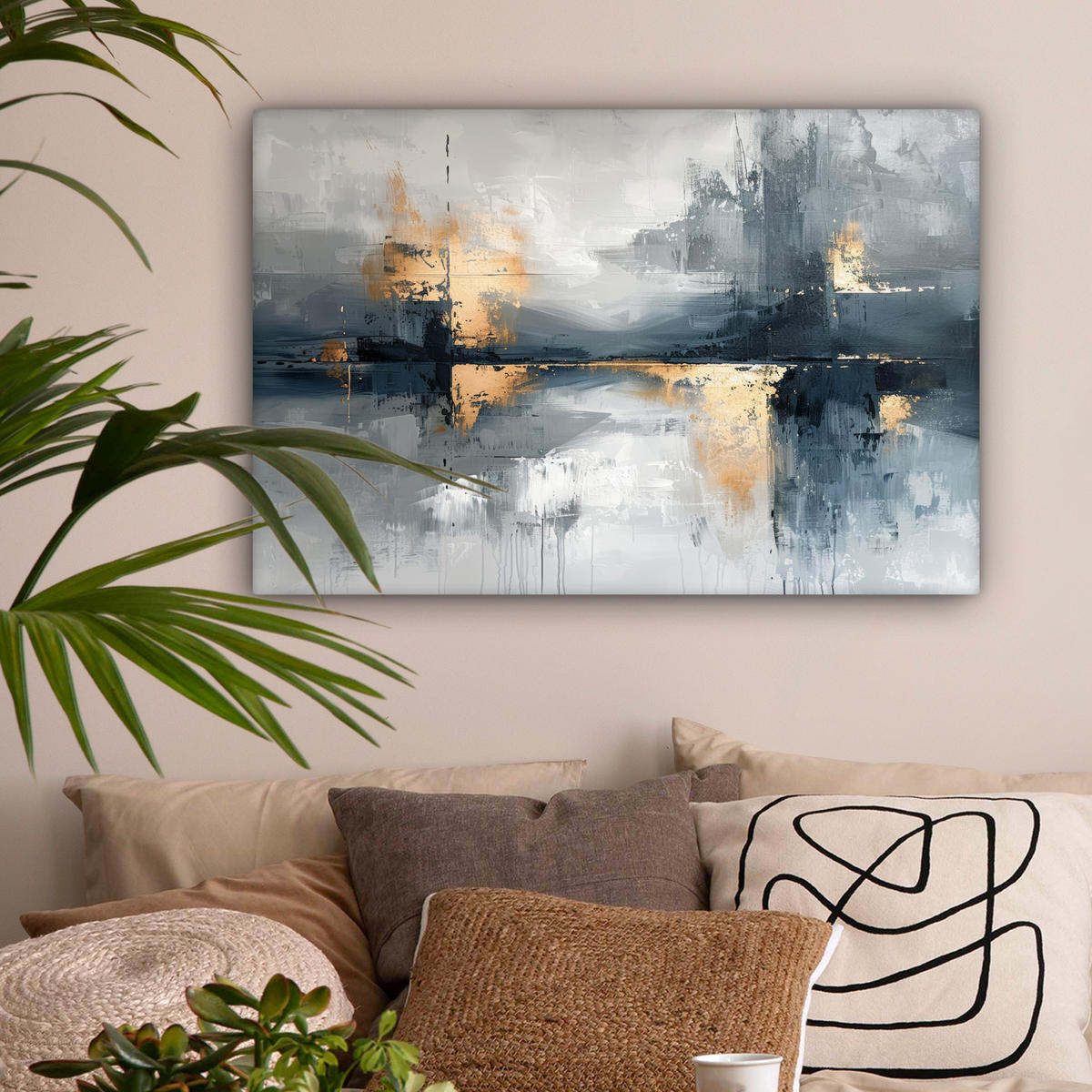 LEINWANDBILD Kunst - Grau - Gold - Abstrakt Gemälde 60x40 cm - Dunkelgrau, Textil (60/40cm) - MuchoWow