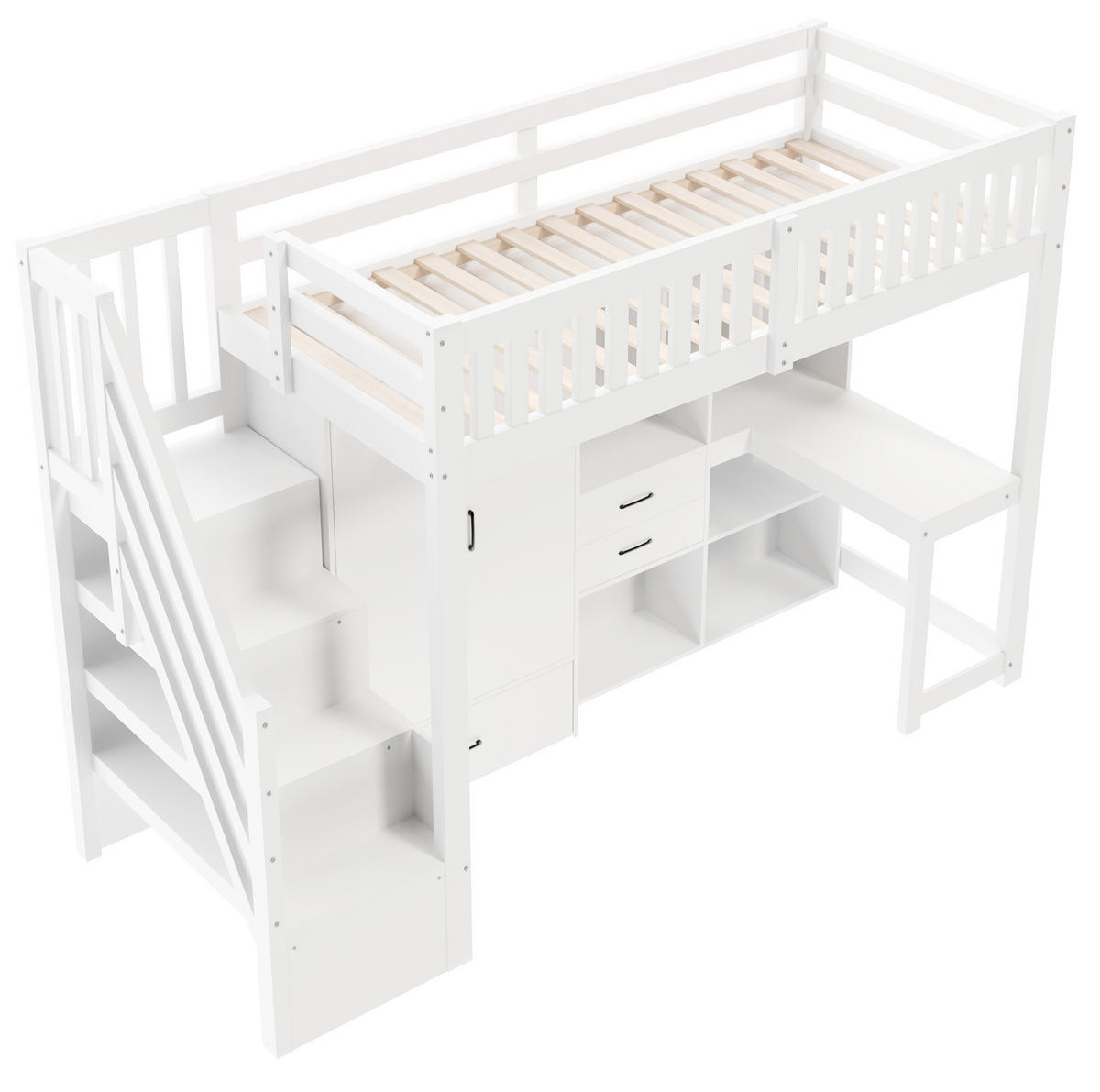 HOCHBETT aus Kiefer 90x200 cm Weiß mit Schreibtisch, Kleiderschrank, Schubladen und Stauraumleiter - Weiß, Holzwerkstoff (90/200cm) - Modfu