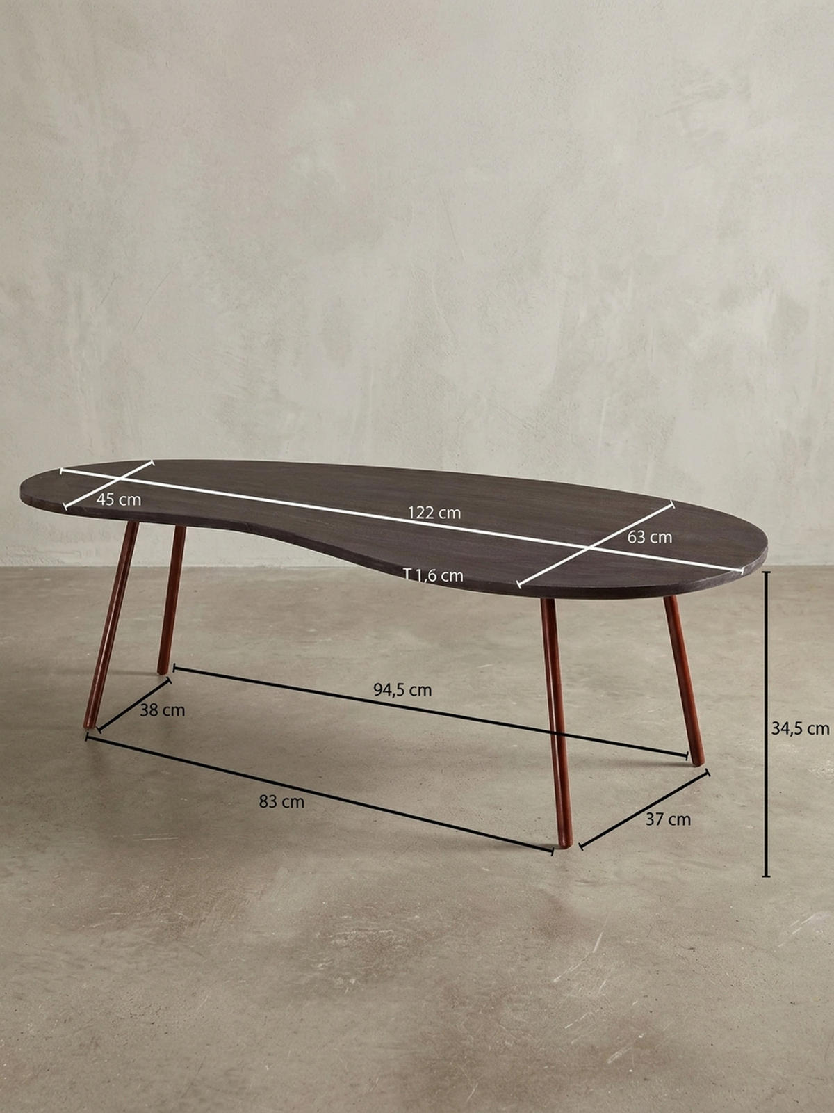 COUCHTISCH Retro-Stil mit Nierenform, Massivholz, Metallbeine, pflegeleichte Tischplatte, Beige 122x63x36 cm - Beige/Braun, Holz/Metall (63/122/36cm) - KADIMA DESIGN