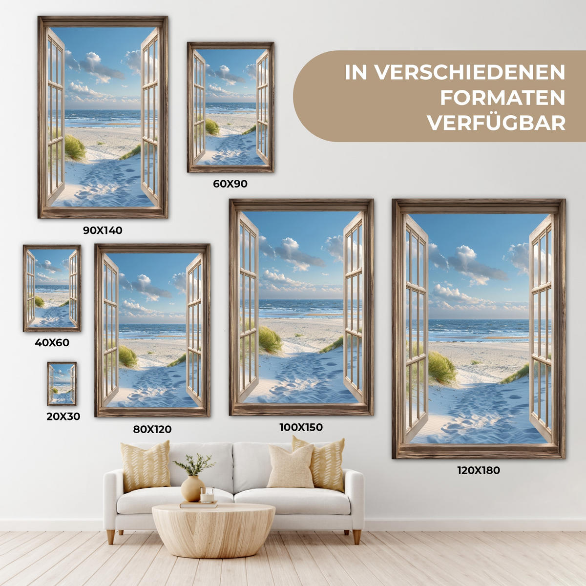 LEINWANDBILD Aussicht - Strand - Fenster - Dünen - Meer 60x90 cm - Hellblau, Textil (60/90cm) - MuchoWow