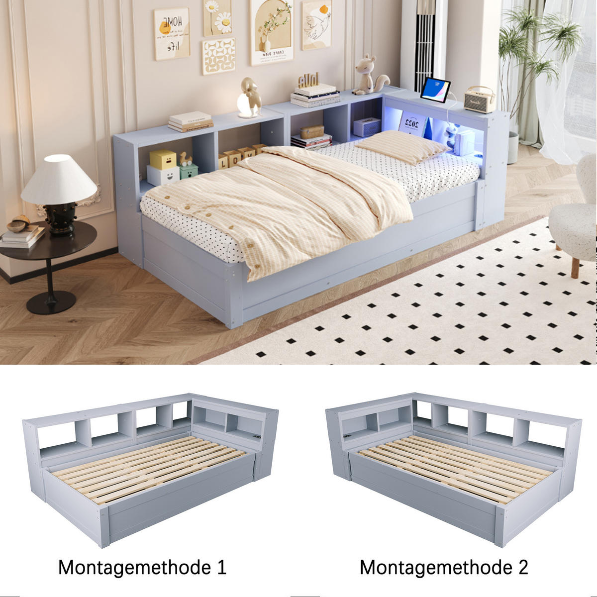 SCHLAFSOFA 90x200cm LED Stauraum Steckdose Massivholz Grau - Grau, Holzwerkstoff (90/200cm) - FLIEKS