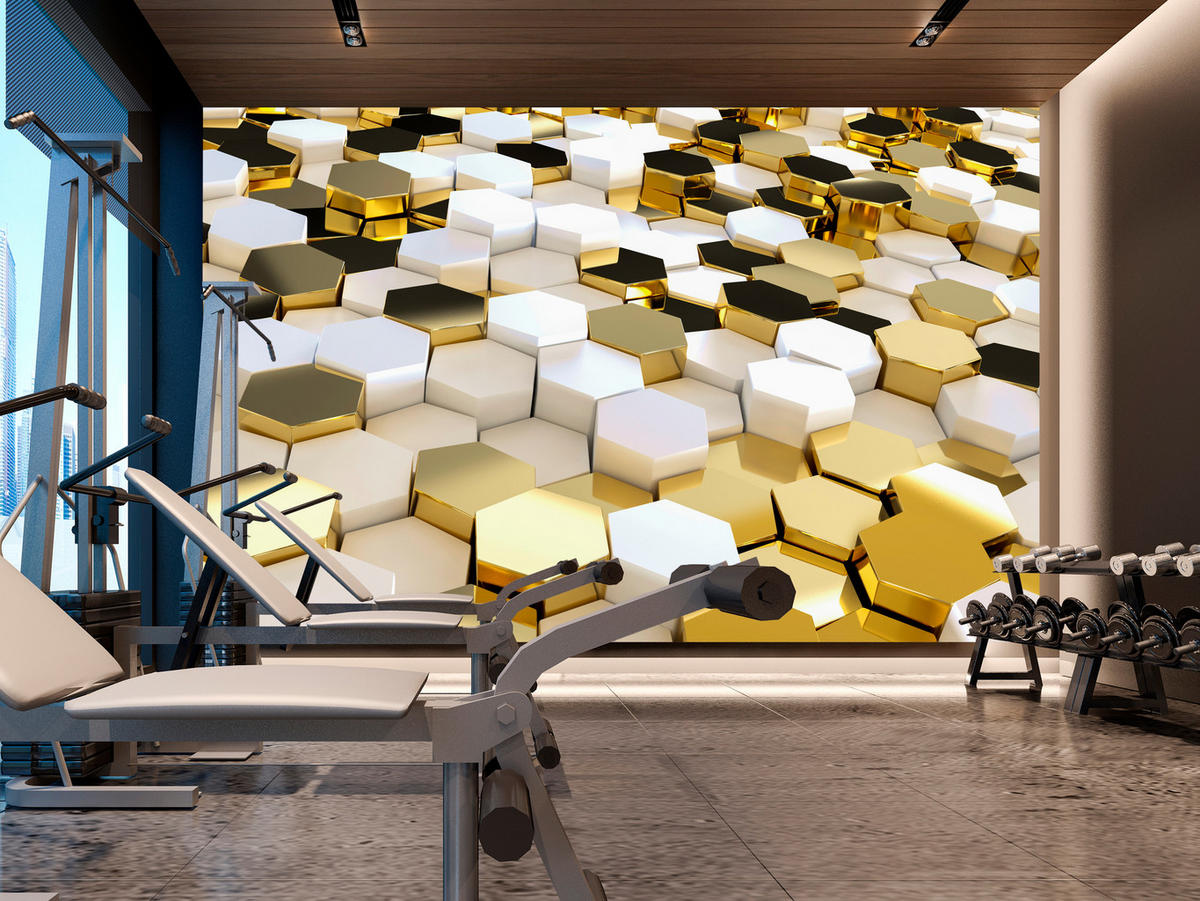 FOTOTAPETE für Büro Futuristisch Goldene Hexagone Formen Geometrie 500x350 - Gelb/Goldfarben, Papier (500/350cm) - Muralo