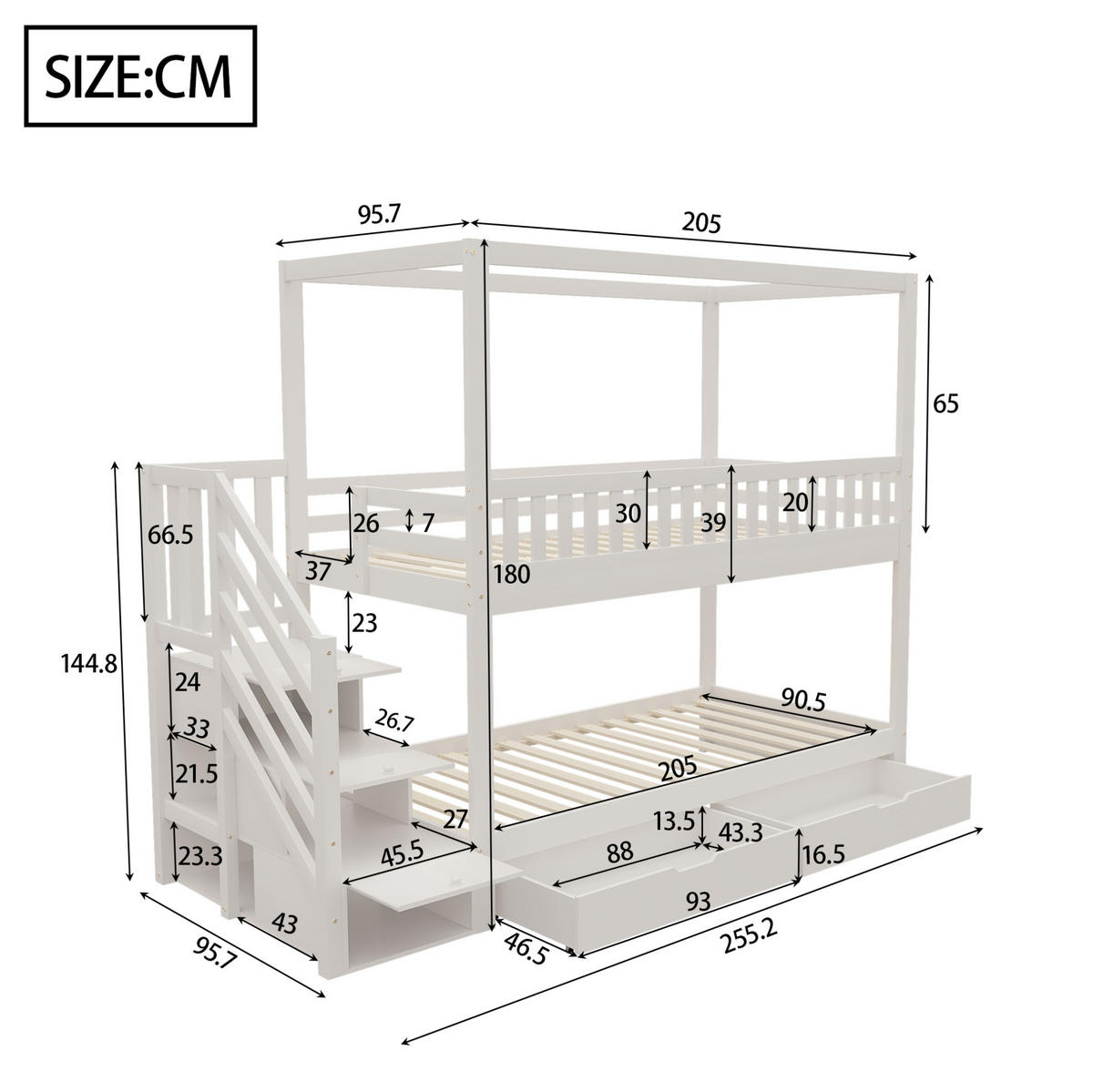 ETAGENBETT 90/200 cm aus Massivholz mit Hausform und Sicherheitsleiter - Weiß, Holz (90/200cm) - OKWISH