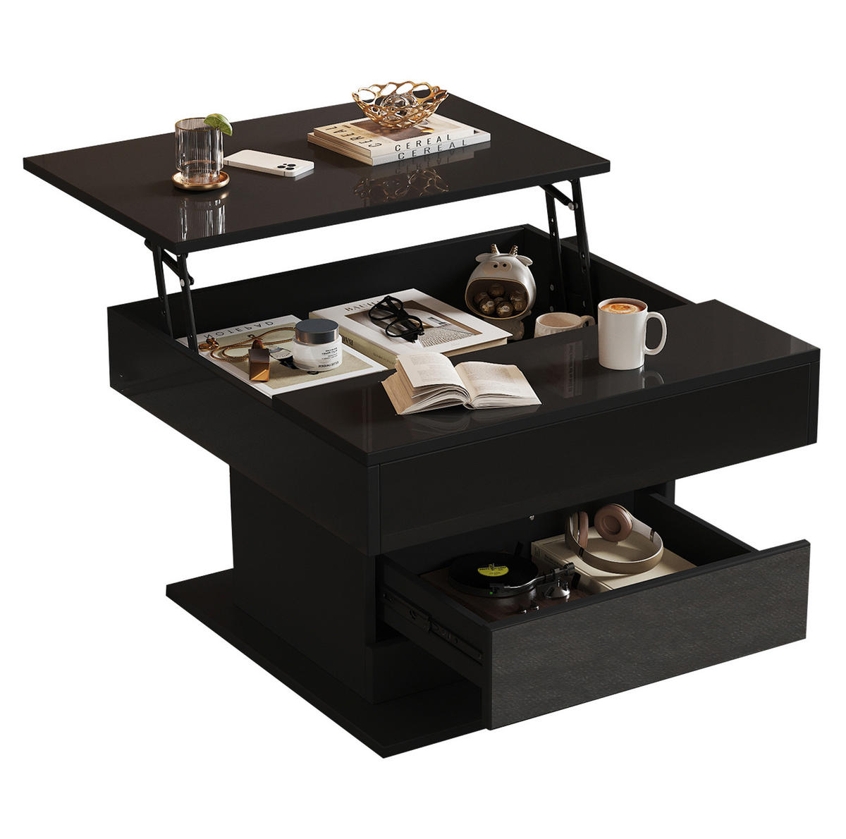 KONFERENČNÍ stolek 70/70/45 cm černý z dřevotřísky s otočnou a zvedací deskou - černá, kompozitní dřevo (70/70/45cm) - OKWISH