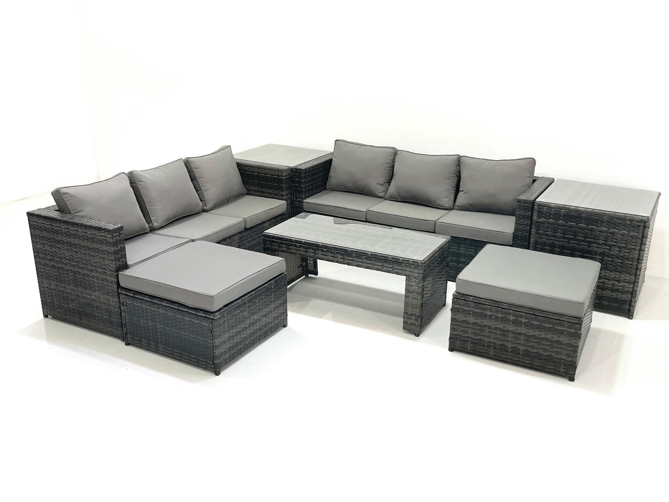 GARTENMÖBEL COUCHTISCH SET mit Sofa Polyrattan Outdoor 8-Sitzer - Dunkelgrau/Grau, Glas/Kunststoff - Fimous