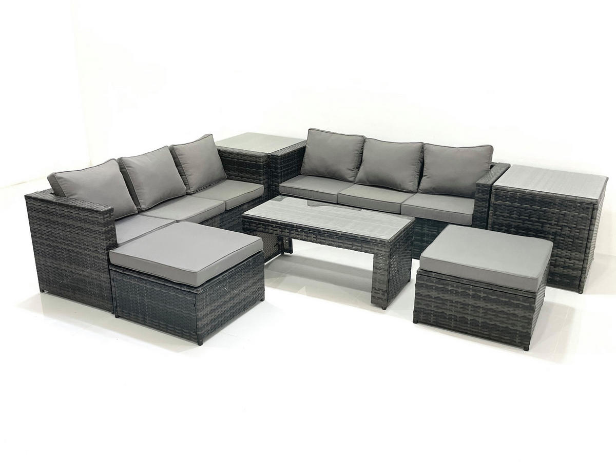 GARTENMÖBEL COUCHTISCH SET mit Sofa Polyrattan Outdoor 8-Sitzer - Dunkelgrau/Grau, Glas/Kunststoff - Fimous