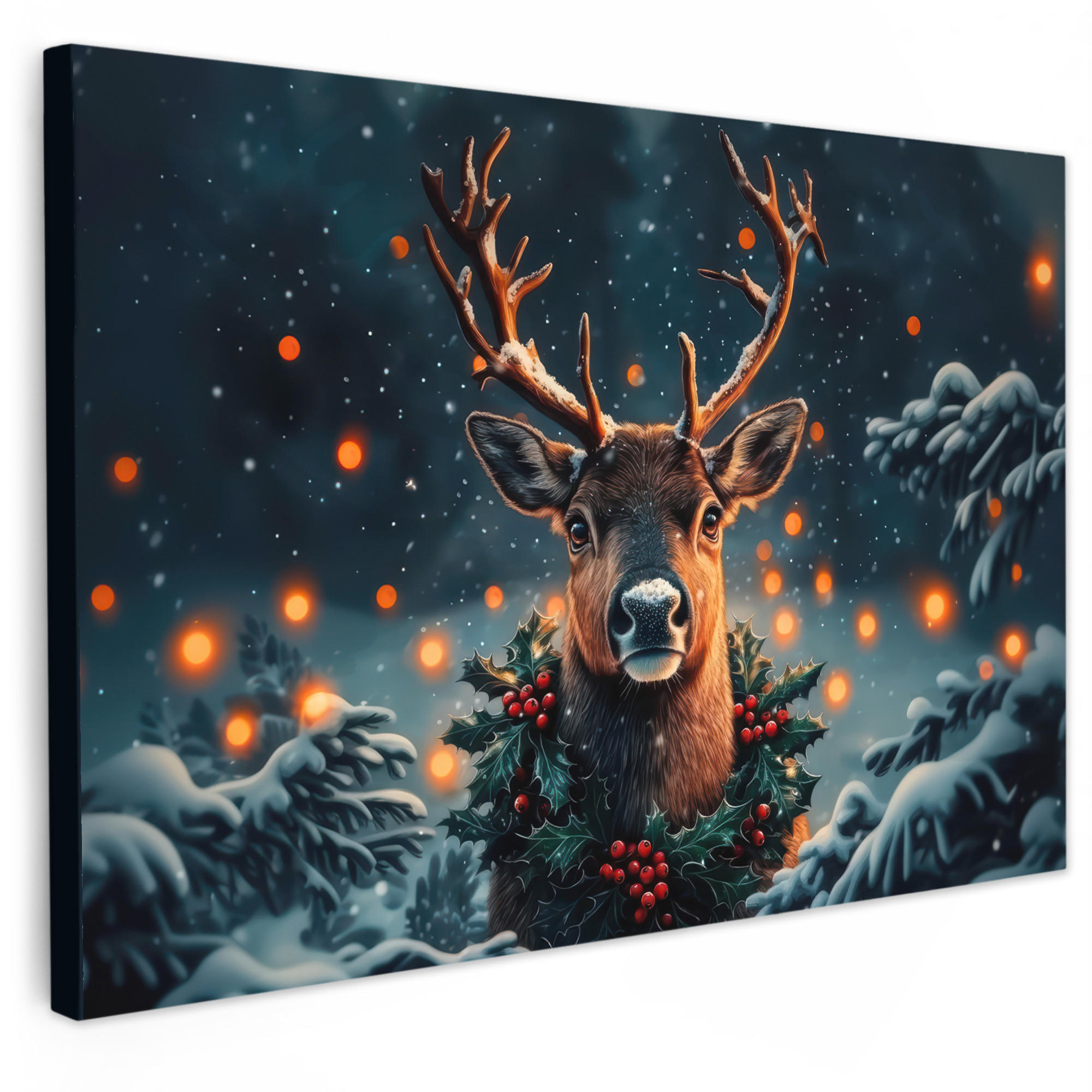 MuchoWow OBRAZ NA PLÁTNĚ Jelen - Vánoce - Zima - Sníh - Vánoční věnec 60x40 cm