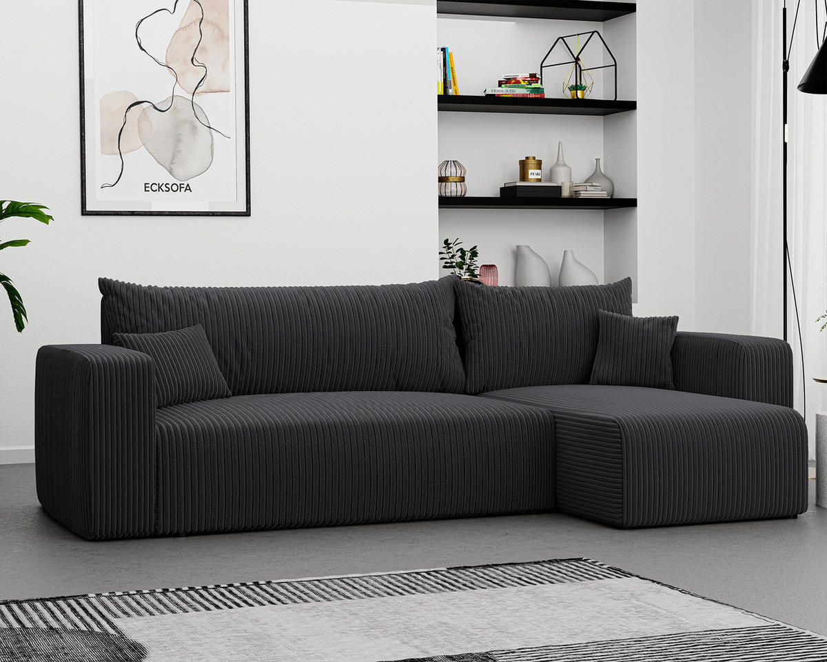ECKSOFA Dunkelgrau Cord-Stoff mit Bettkasten - Dunkelgrau, Textil (248/145cm) - Idohome