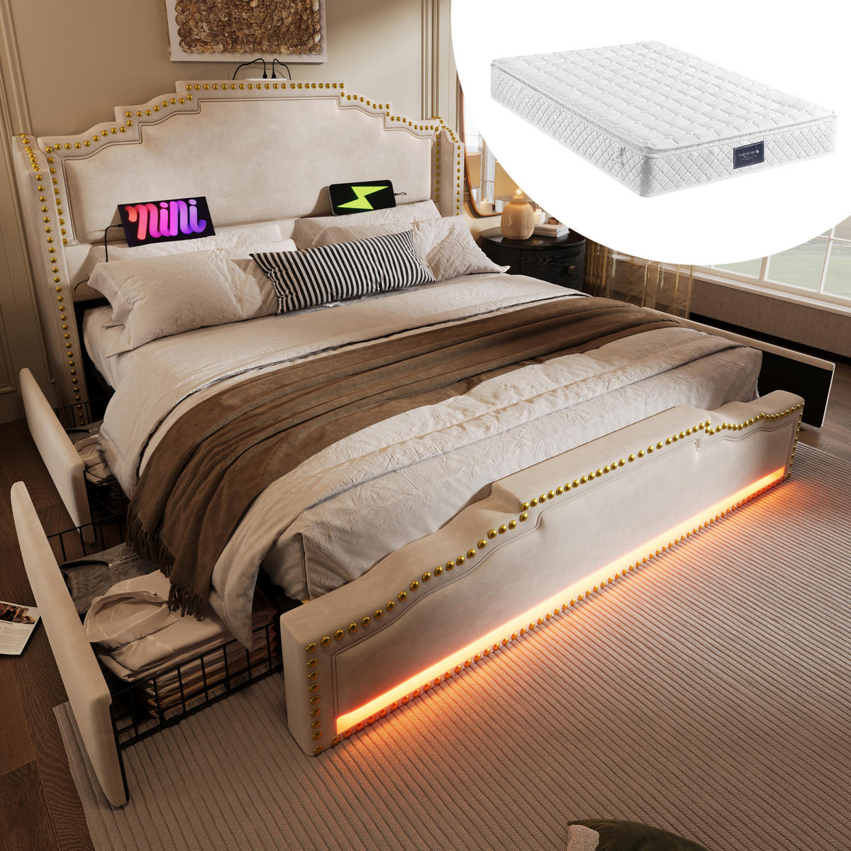 POLNJENA postelja iz žameta 160x200 cm bež z LED osvetlitvijo, USB-C in USB priključkom ter 4 predali - bež, tekstil (160/200cm) - Modfu