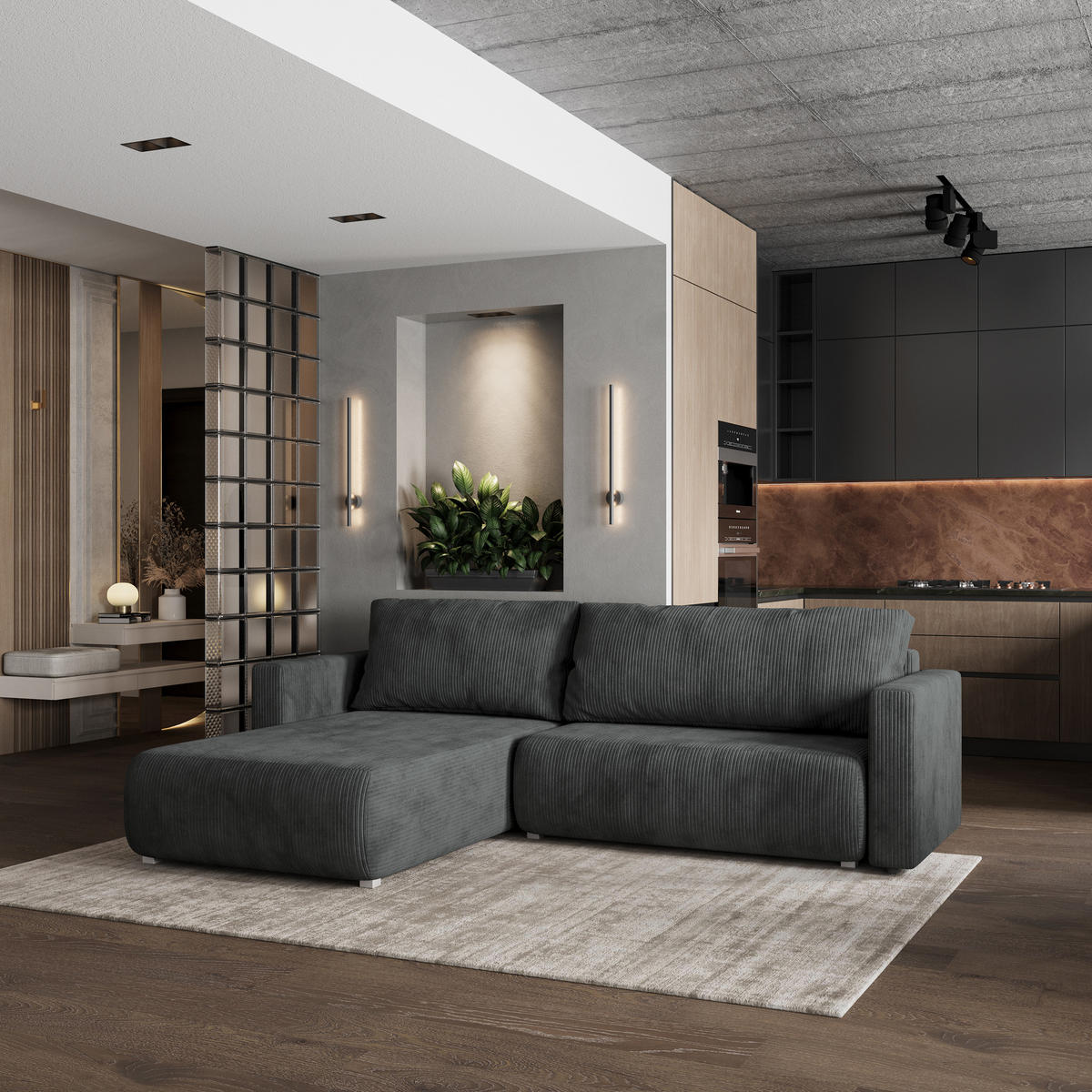 ROHOVÁ SEDAČKA TURIN grafitová - šedá/grafitová, dřevo/textil (265/183cm) - MASSENO