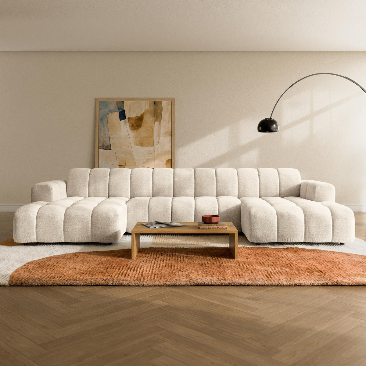 WOHNLANDSCHAFT AENIS Creme Strukturstoff - Creme, Holz (398/85/165cm) - MASSENO