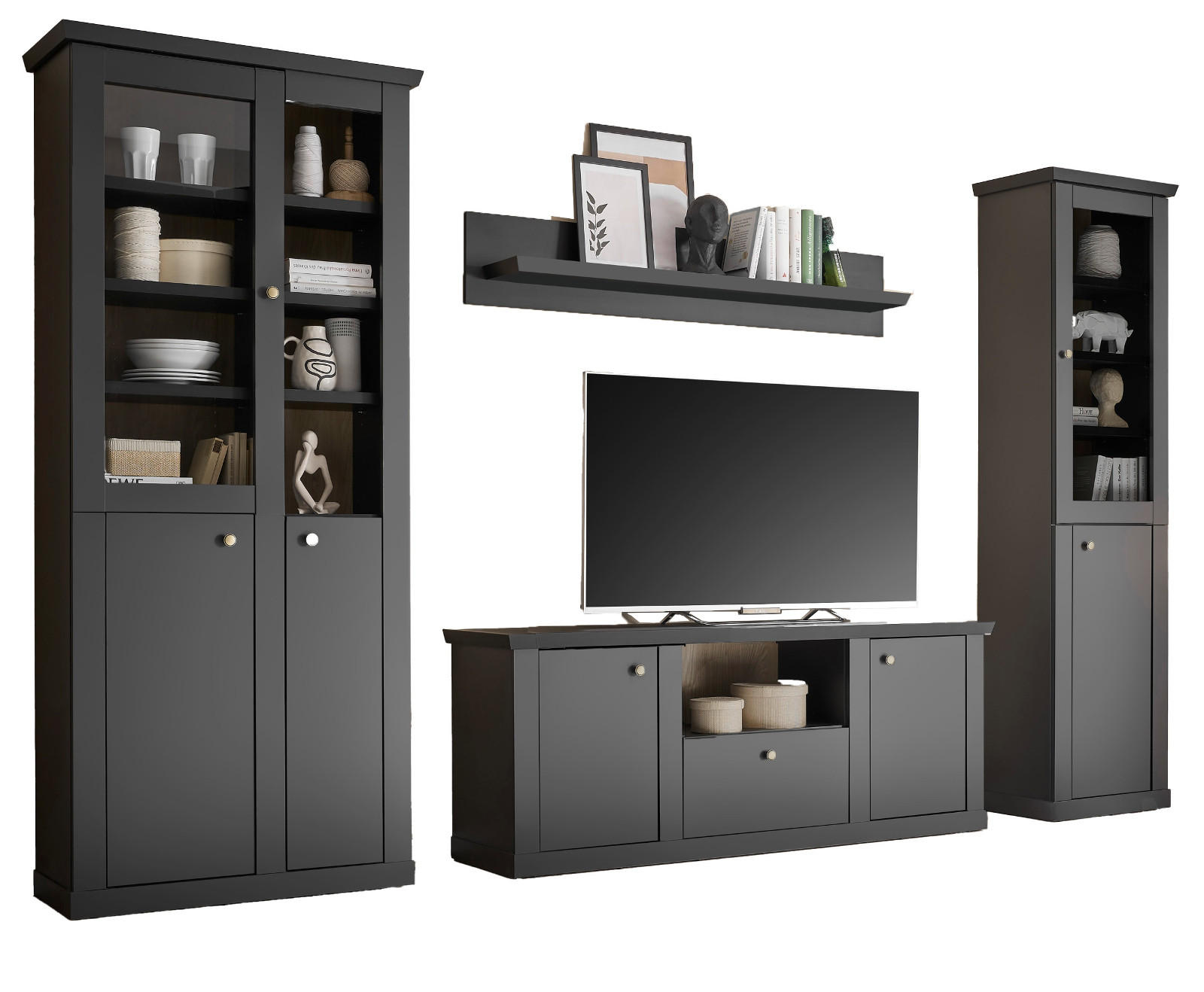 WOHNWAND schwarz matt, Eiche 4-teilig 319 cm, Wohnkombination mit Soft-Close - Eichefarben/Messingfarben, Glas/Holzwerkstoff (319/200/42cm) - Furn.Design