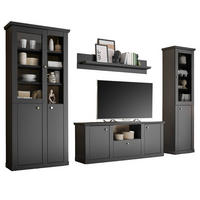 WOHNWAND schwarz matt, Eiche 4-teilig 319 cm, Wohnkombination mit Soft-Close - Eichefarben/Messingfarben, Glas/Holzwerkstoff (319/200/42cm) - Furn.Design