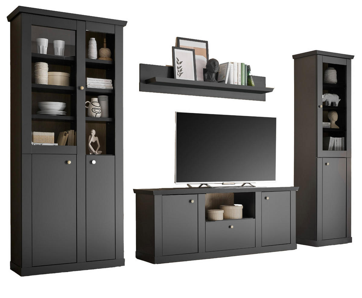 WOHNWAND schwarz matt, Eiche 4-teilig 319 cm, Wohnkombination mit Soft-Close - Eichefarben/Messingfarben, Glas/Holzwerkstoff (319/200/42cm) - Furn.Design