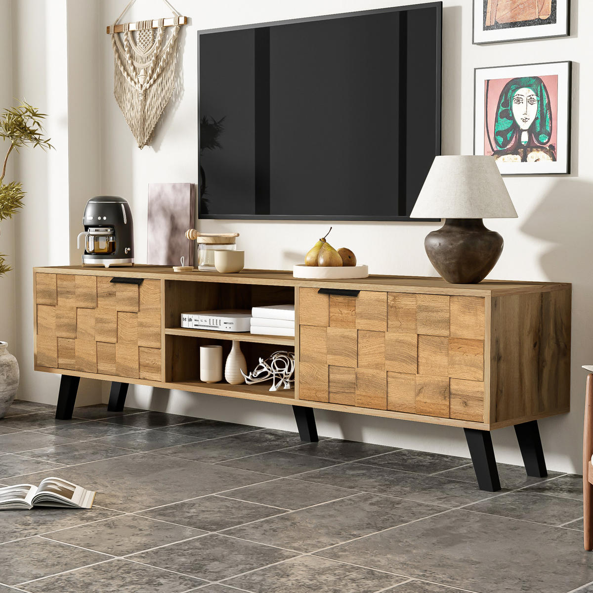 TV-SCHRANK in Holzoptik mit Türen und offenen Fächern 160.5/35.5/45 cm - Eichefarben, Holzwerkstoff (160.5/45/35.5cm) - Redom