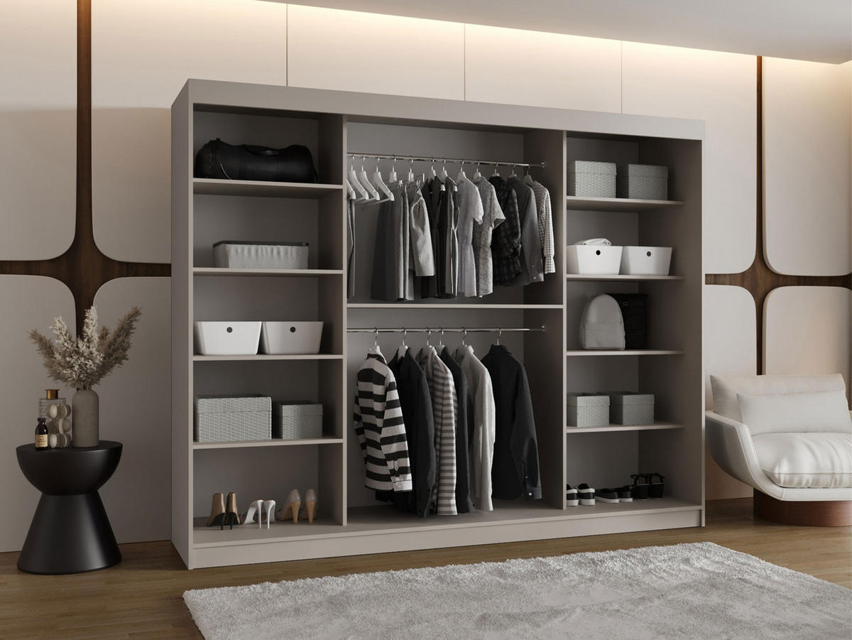 SCHWEBETÜRENSCHRANK Bahrajn 250 - Silberfarben/Schwarz, Holzwerkstoff/Kunststoff (250/200/62cm) - MIRJAN24