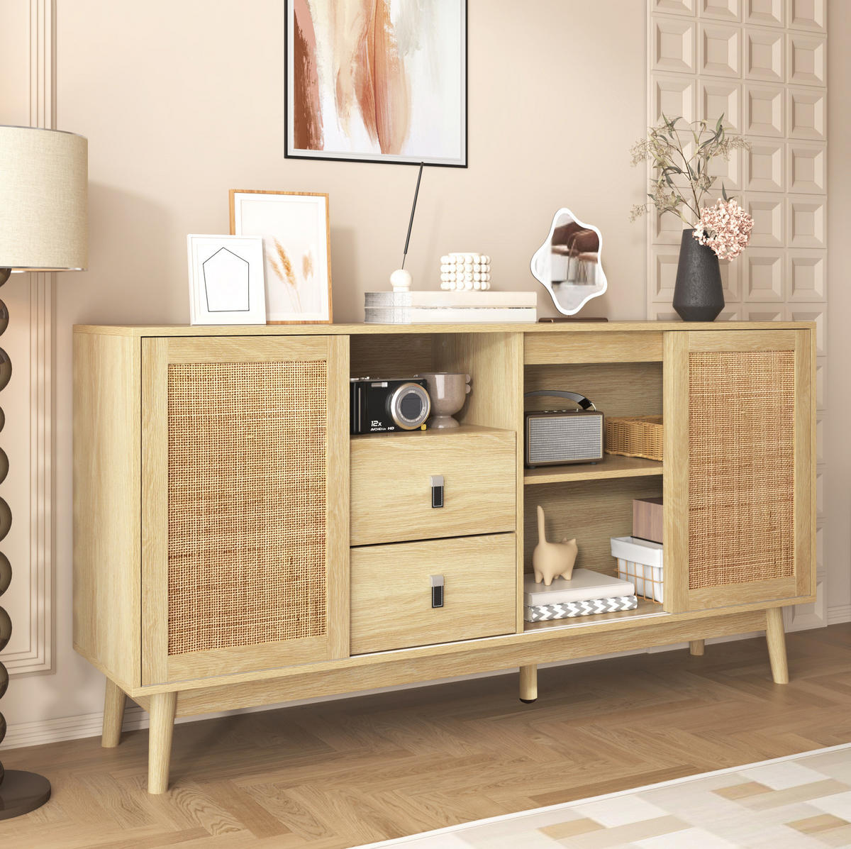 KOMMODE aus MDF & Spanplatte 155x38x80cm in Naturfarben mit Schiebetüren - Naturfarben, Holzwerkstoff (155/80/38cm) - Modfu
