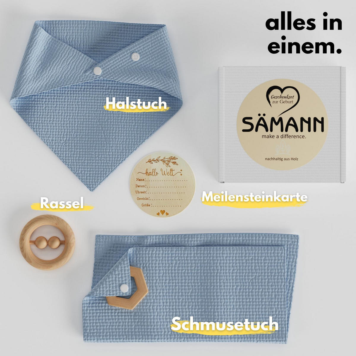 BABY Geschenkset 4-tlg. zur Geburt mit Halstuch, Rassel, Karte, Schmusetuch hellblau - Hellblau, Textil (10/10cm) - Sämann – make a difference.