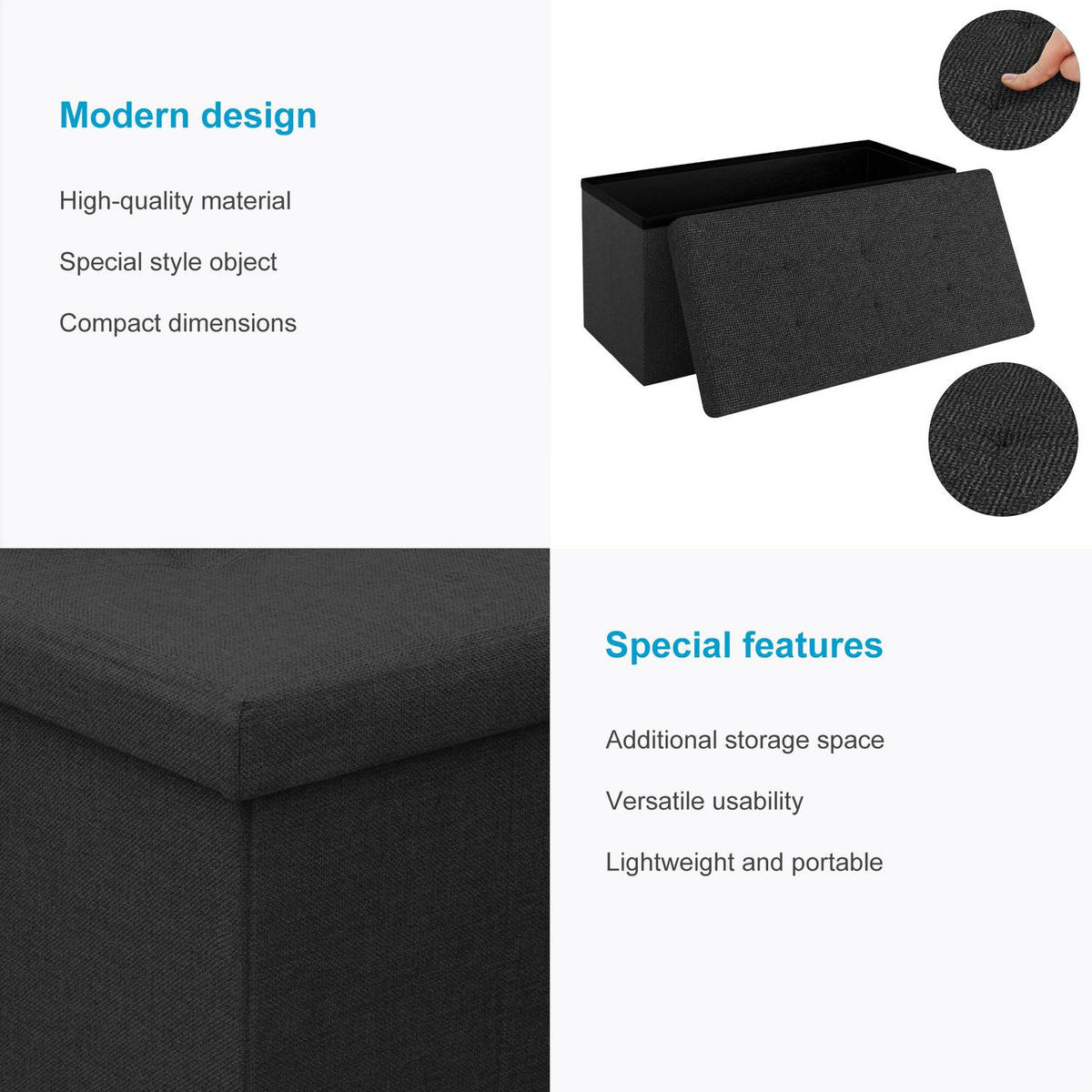 SITZTRUHE Faltbar 76/38/38 cm (Schwarz) - Schwarz, Textil (38/38/76cm) - Intirilife