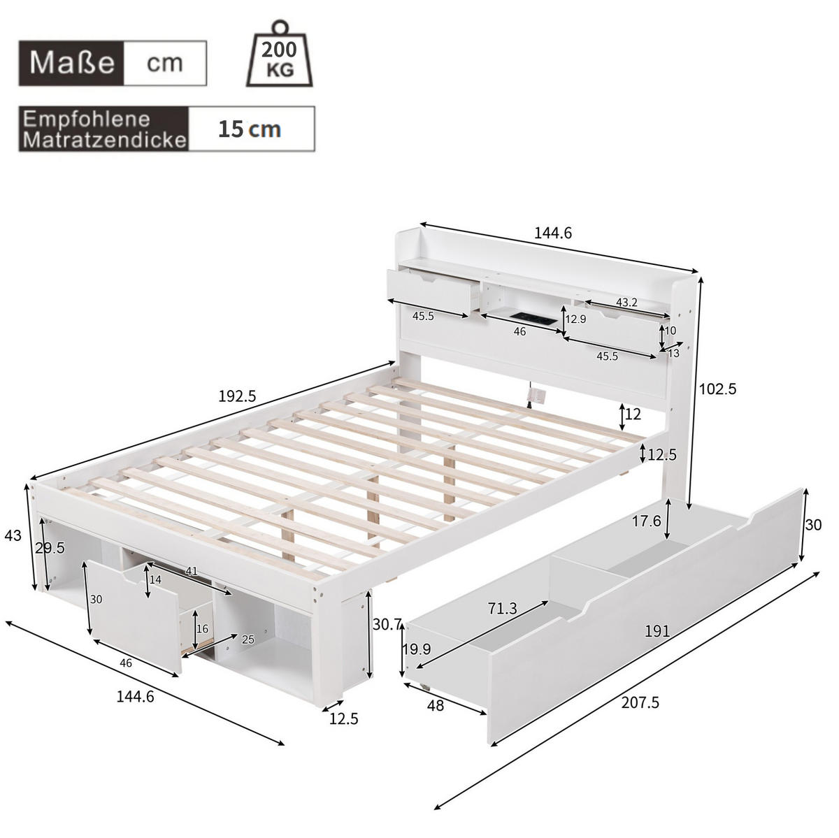 KINDERBETT aus Kiefer 140x190 cm in Weiß mit USB-Anschluss & Stauraum - Weiß, Holz (140/190cm) - Modfu