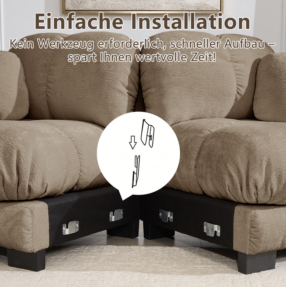 SOFA 190/149/90 cm in Braun aus Chenille mit Steppnaht und Ottomane - Braun, Textil (149/90/190cm) - Flora Grace