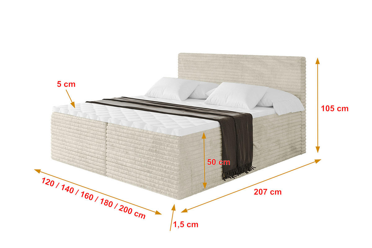 BOXBETT mit Matratze H4 und Lattenrost - TOLO-v1 - 200x200 Cord - Creme - Champagner, Holzwerkstoff (200/200cm)