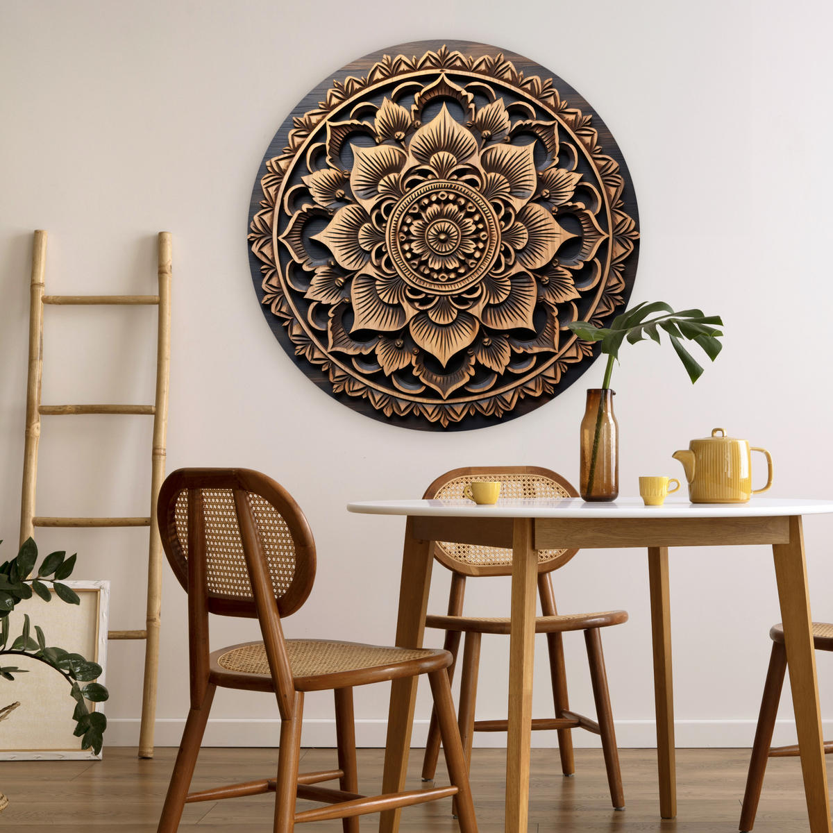 WANDBILD Mandala - Holz - Blumen - Braun 90x90 cm - Gelb, Kunststoff (90/90cm) - MuchoWow