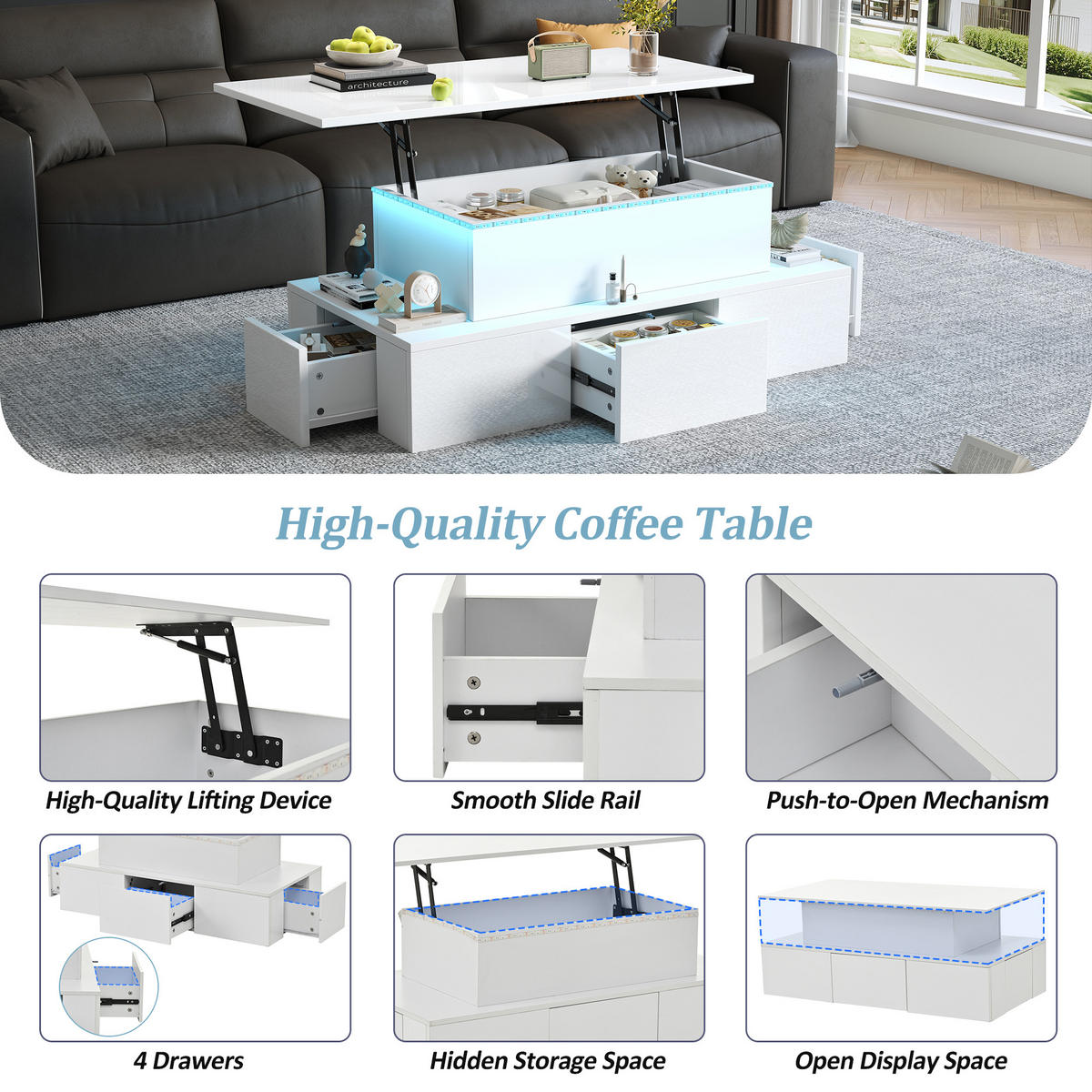 COUCHTISCH in Weiß anhebbarer Kaffeetisch mit 4 Schublade und Stauraum für Wohnzimmer, B100/T50/H40cm - Weiß, Holzwerkstoff (50/100/40cm) - STILVORA