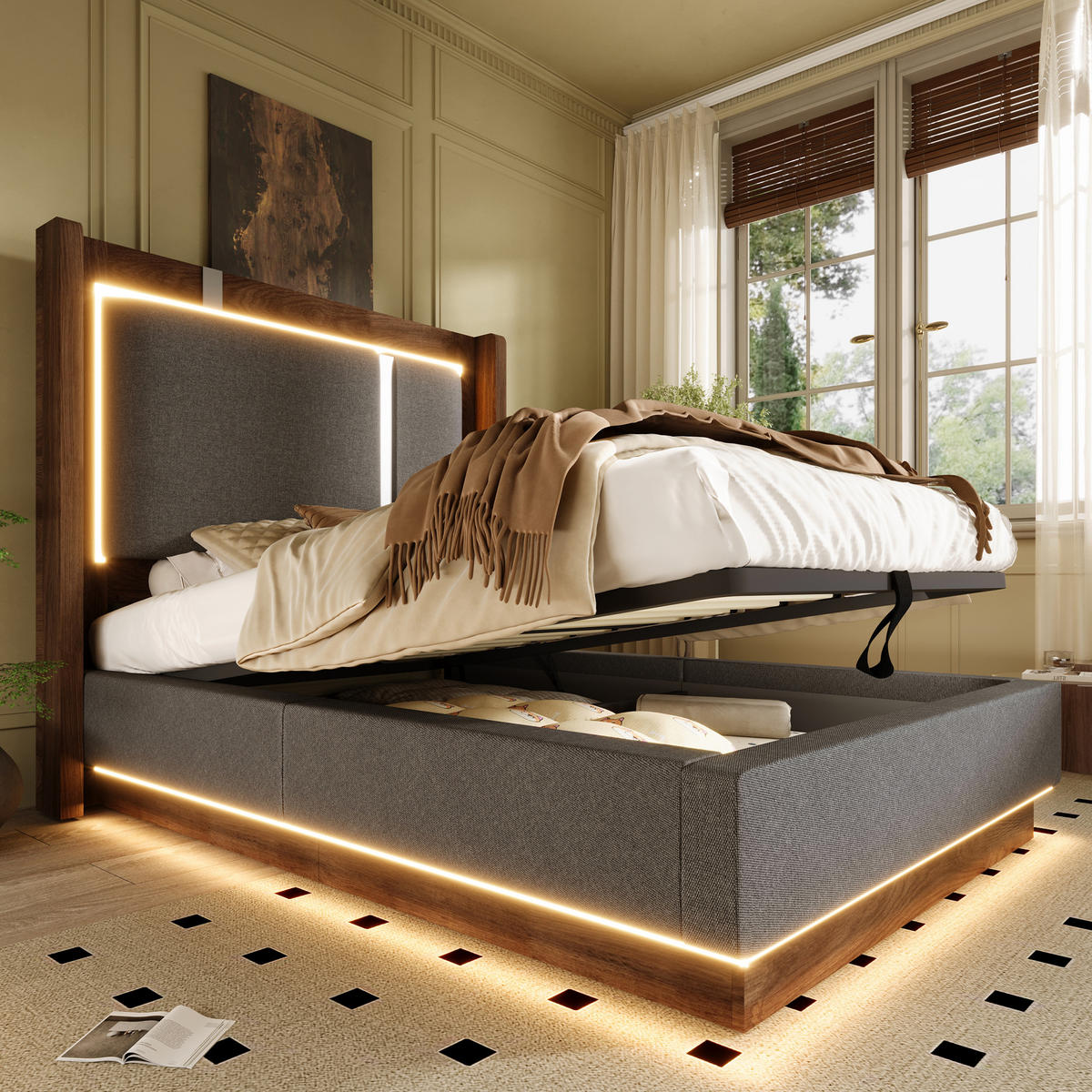 POLSTERBETT 90/200 cm in Grau & Walnuss mit Leinen, LED und Bettkasten - Grau, Holzwerkstoff/Textil (90/200cm) - WISHDOR