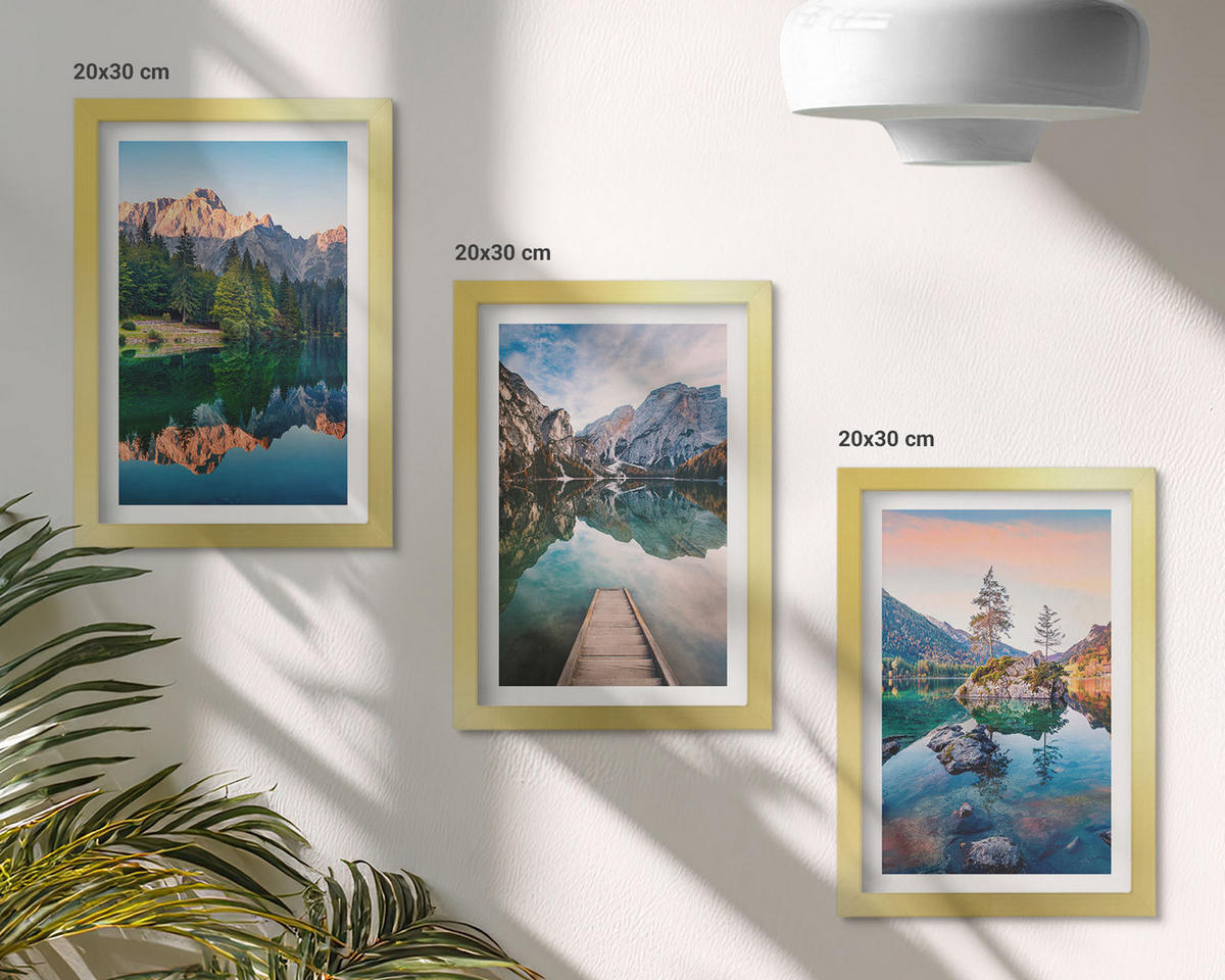 BILDER SET 3er Set - 20x30 cm Goldrahmen - Spiegelung des Waldes in Bergseen - Goldfarben, Kunststoff (20/30cm) - TULUP