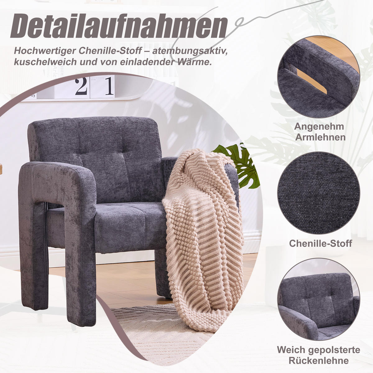 SESSEL Nordic Style aus Chenille mit ergonomischen Armlehnen - Grau, Textil (67.5/74.5/69cm) - Urban Meuble