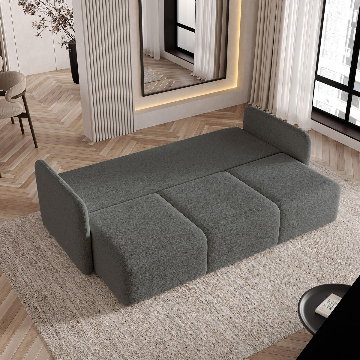 BETTSOFA SUVI III Q Grau Bucle-Stoff mit Schlaffunktion - Grau, Textil (220/85/90cm) - MASSENO