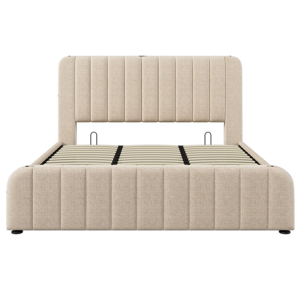 POLSTERBETT 180x200cm Doppelbett USB-C Hydraulik Goldstreifen Beige - Beige, Holz - FLIEKS