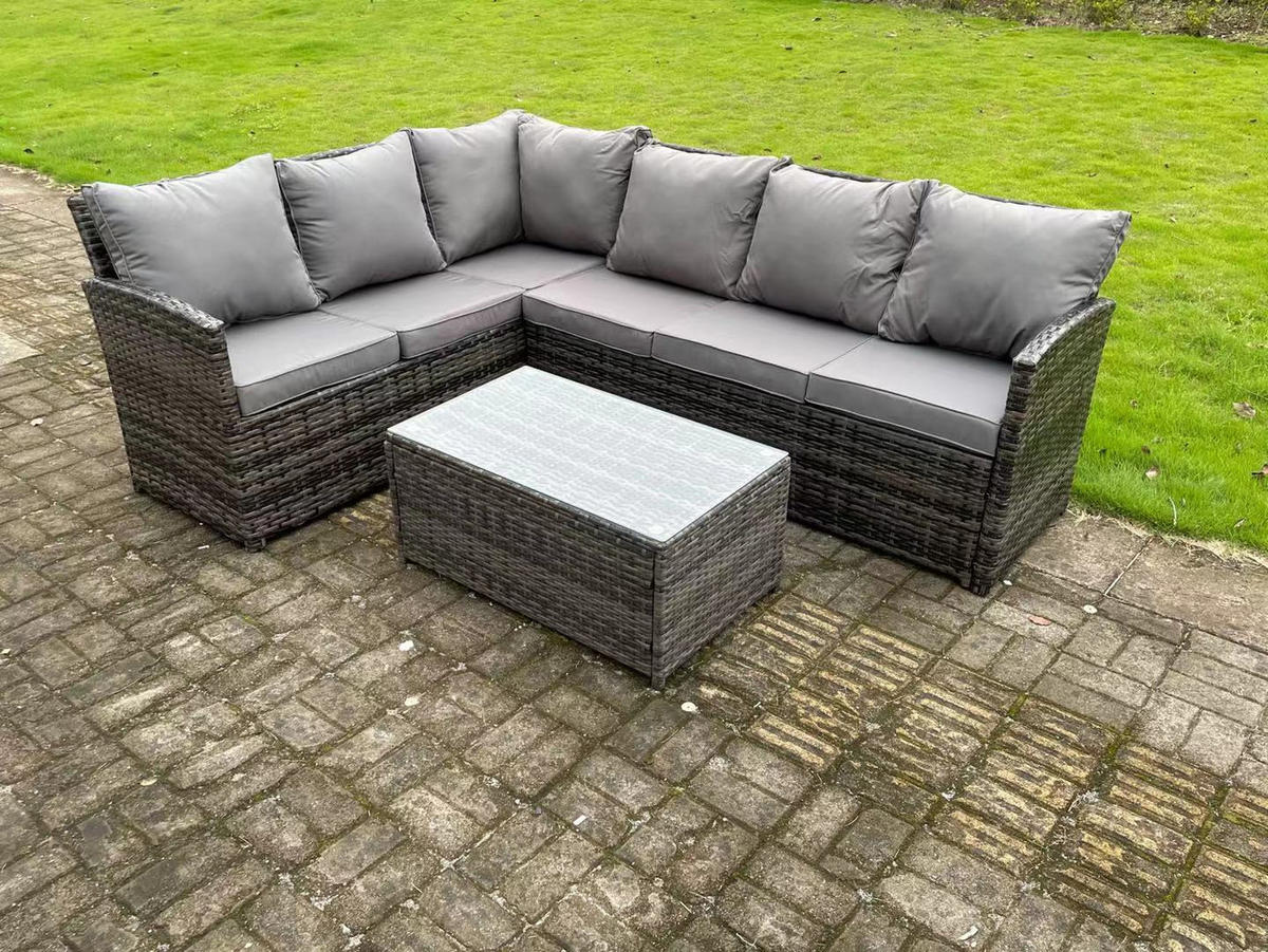 GARTENMÖBEL SET mit Länglicher Couchtisch Polyrattan Dunkelgrau 6-Sitzer - Dunkelgrau/Grau, Glas/Kunststoff - Fimous