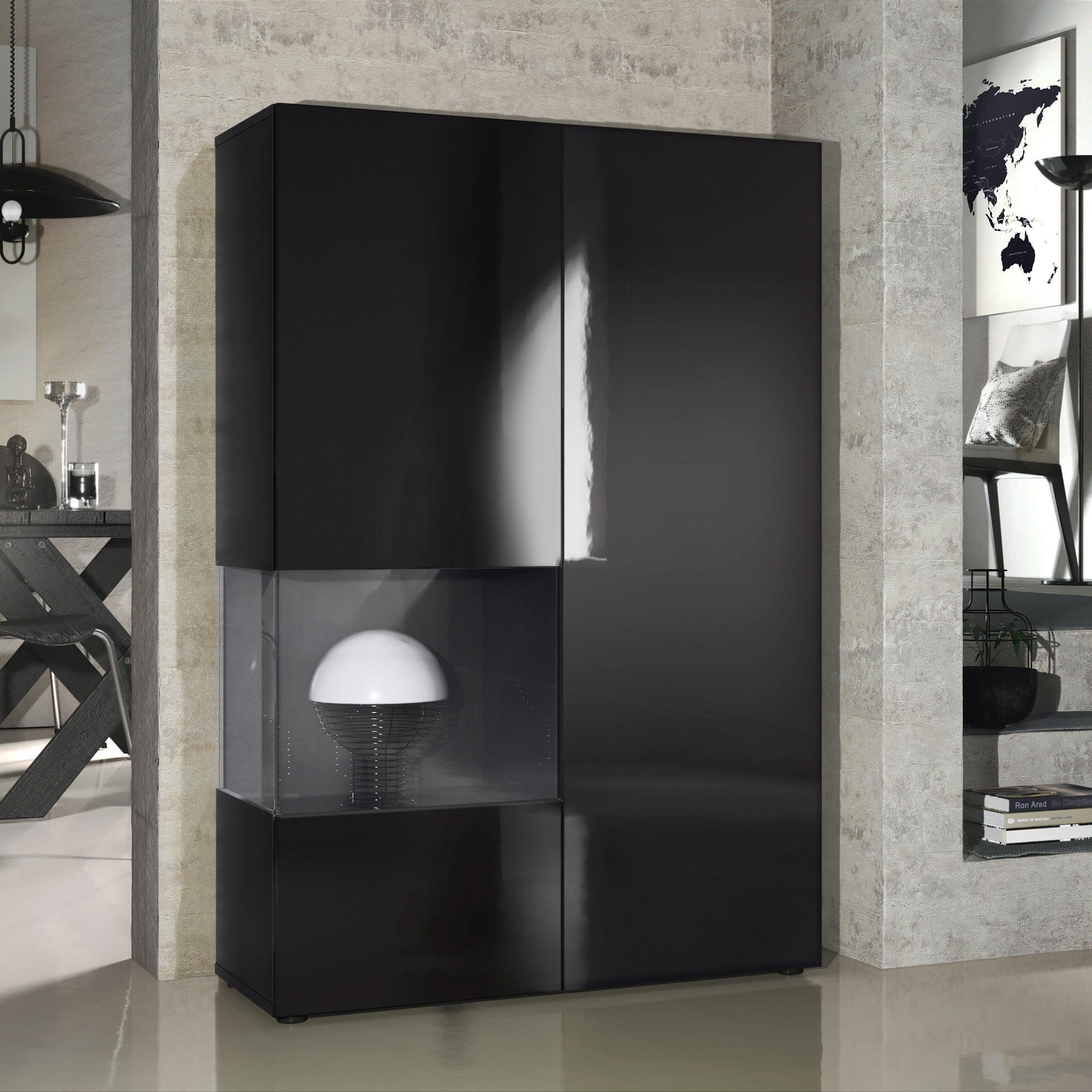 VITRINE Morena Tür und Einsatz in Schwarz Hochglanz - Schwarz Hochglanz, Holzwerkstoff (91.5/136.5/37cm) - Vladon