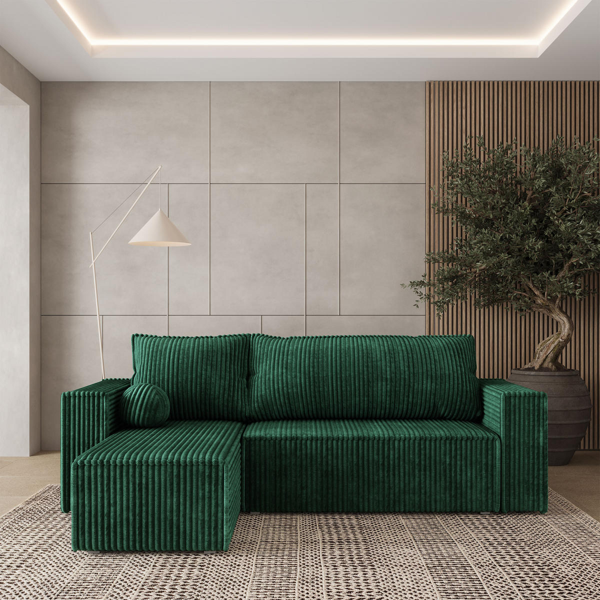 ECKSOFA RAVELO T Grün Kordstoff mit Schlaffunktion - Grau/Grün, Holz/Kunststoff (240/140cm) - MASSENO