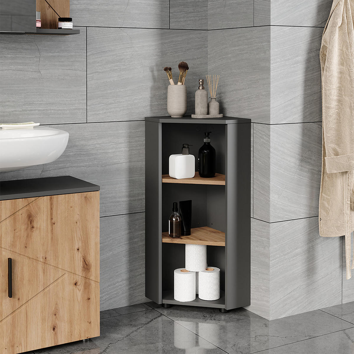 ECKMIDISCHRANK Irma Anthrazit/Artisan 33 x 81 cm 3 Ablagefächer - Anthrazit/Eiche Artisan, Holzwerkstoff (33/81/33cm) - Vicco