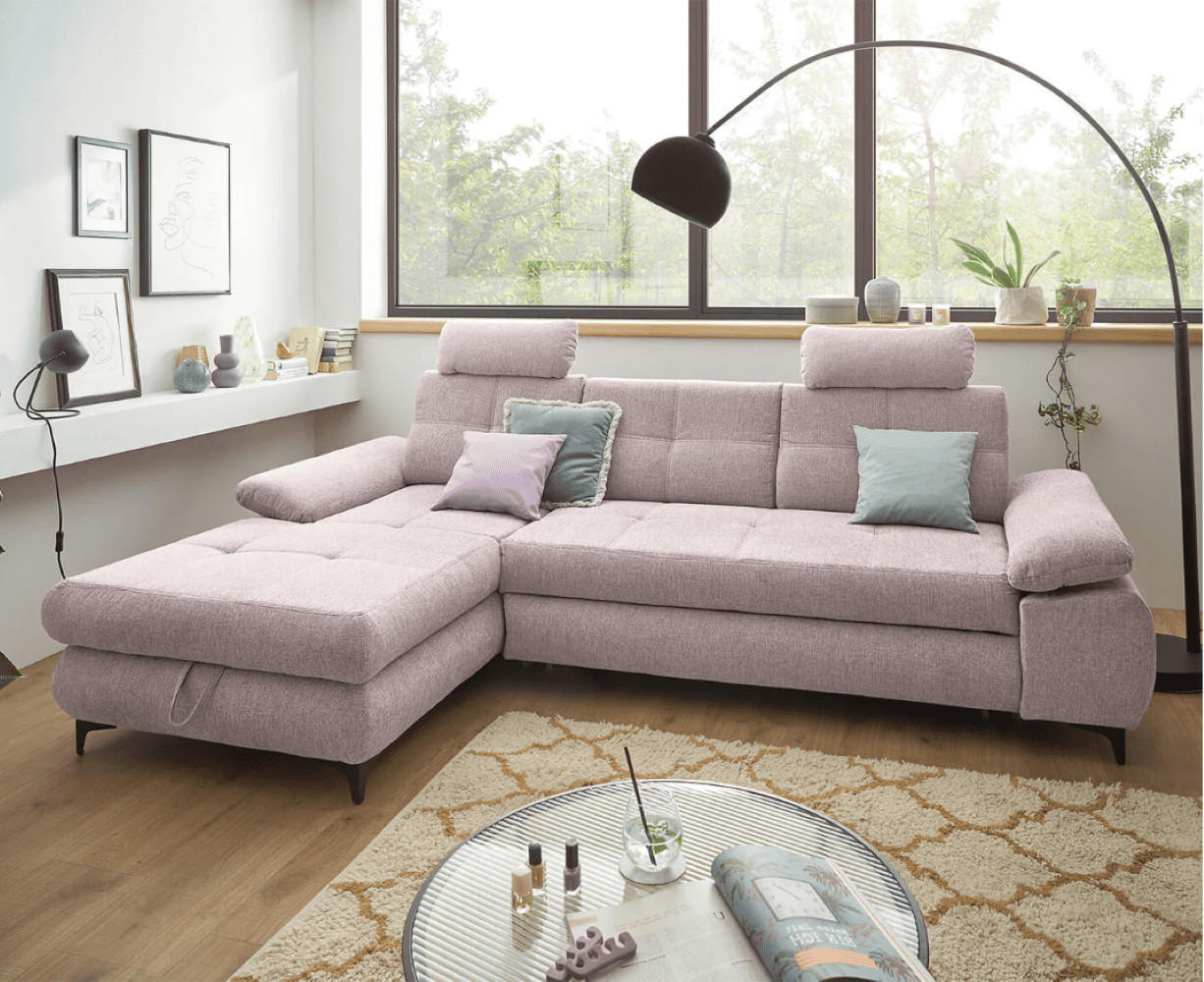 ECKSOFA mit Schlaffunktion und Bettkasten - Pink/Schwarz, Kunststoff/Textil (274/177cm) - ed exciting design