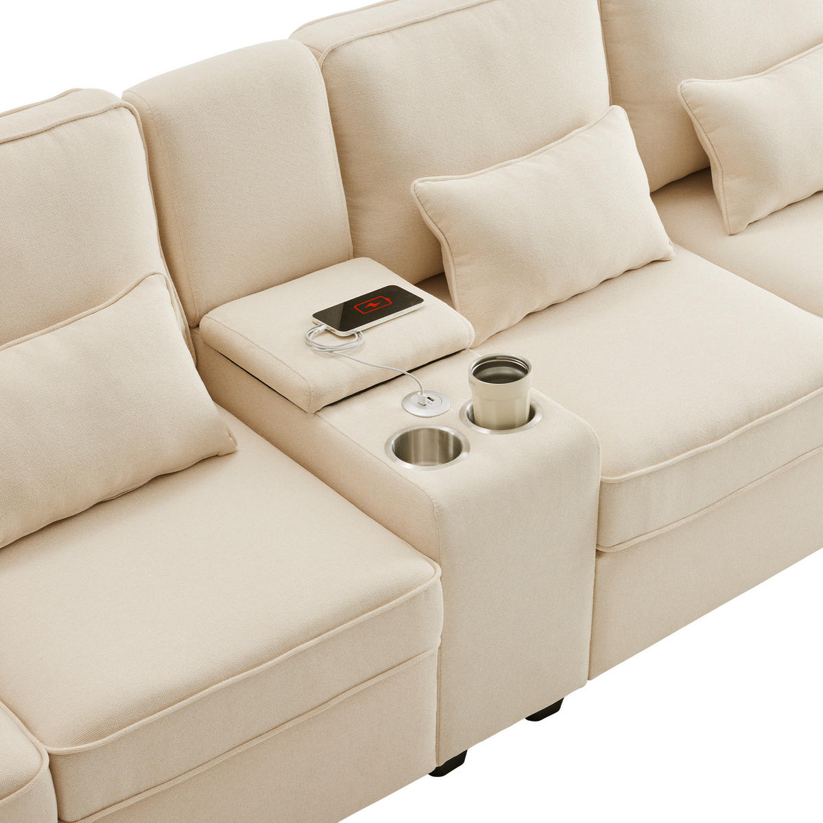 4-SITZER Sofa 290x83x88 mit Konsole, USB, Leinenbe, beige - Beige, Textil (83/88/290cm) - Luhomfu
