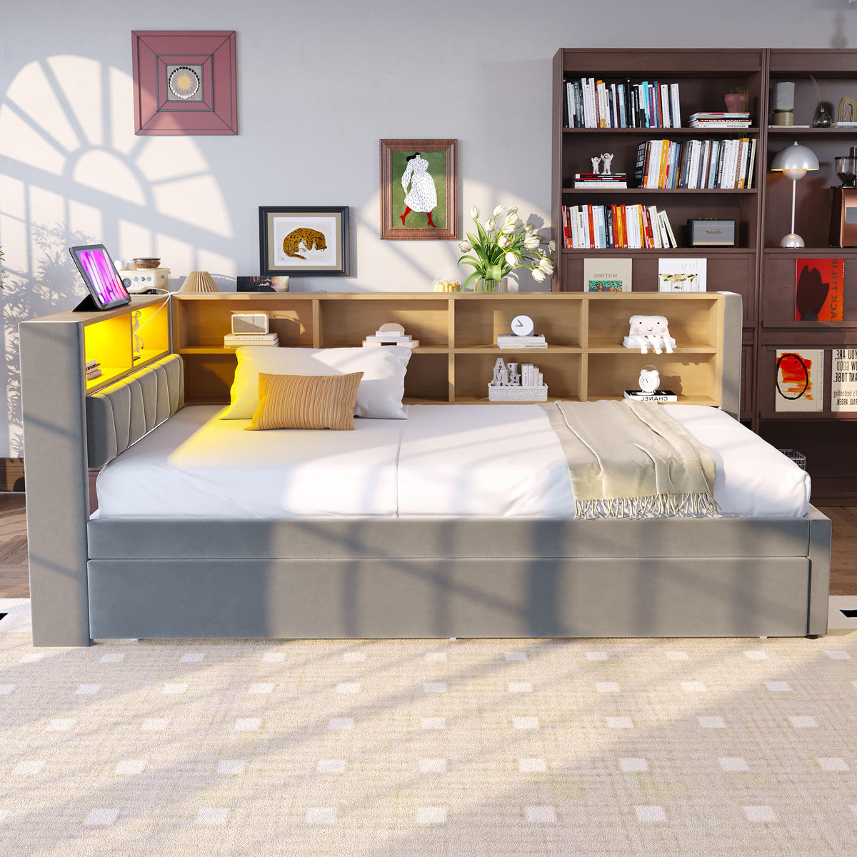 BETT mit Ausziehbett 90/190 cm Dunkelgrau Flanell mit LED-Leuchten & Ladeanschlüssen - Dunkelgrau, Textil (90/190cm) - OKWISH