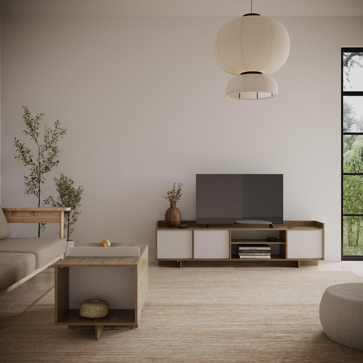 TV-MÖBEL mit 3 Türen und 1 Nische, Dekor in königlicher Eiche und Weiß 183/36,2/49,6 cm - Eschefarben, Holzwerkstoff (36.2/49.6/37.7cm) - Calicosy