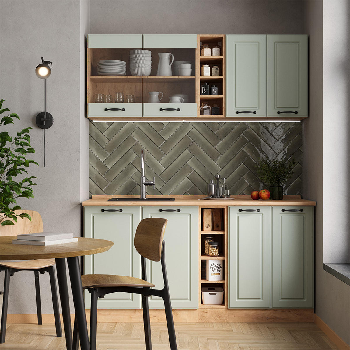 SINGLEKÜCHE R-Line, Mint Landhaus/Goldkraft Eiche, 160 cm Arbeitsplatte Marmor - Honigeiche/Grün, Holzwerkstoff (160/81.6/60cm) - Vicco