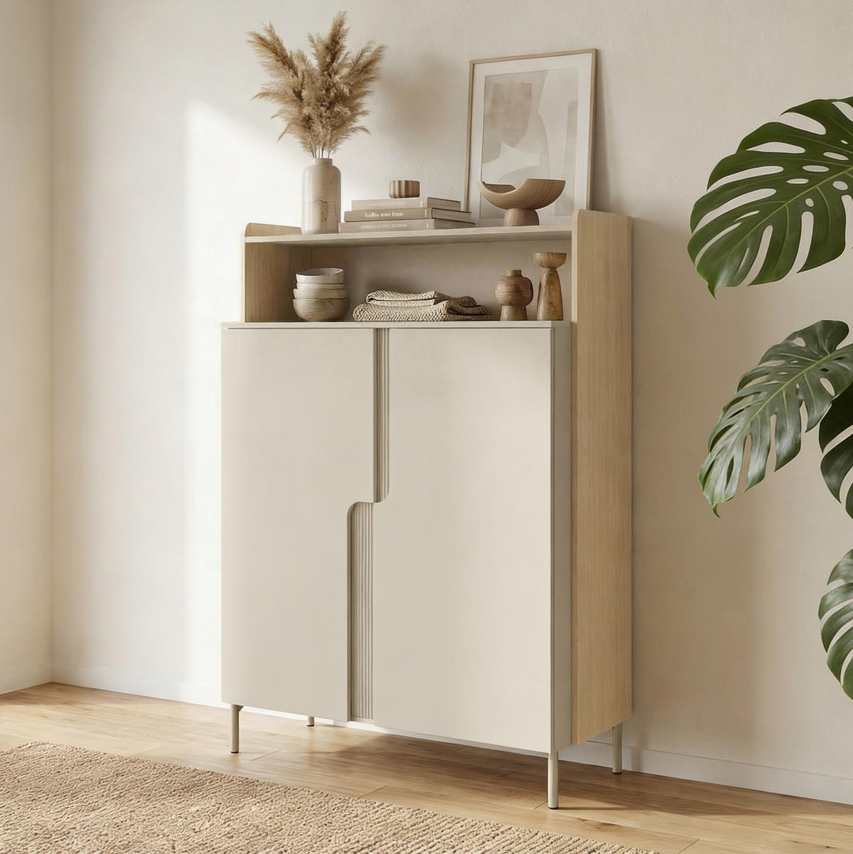 KOMMODE Positivo mit 2 Türen und offenem Regal, 103 cm, Mavelie-Eiche + Macadamia - Eichefarben, Holzwerkstoff (103/160/42cm) - Beautysofa