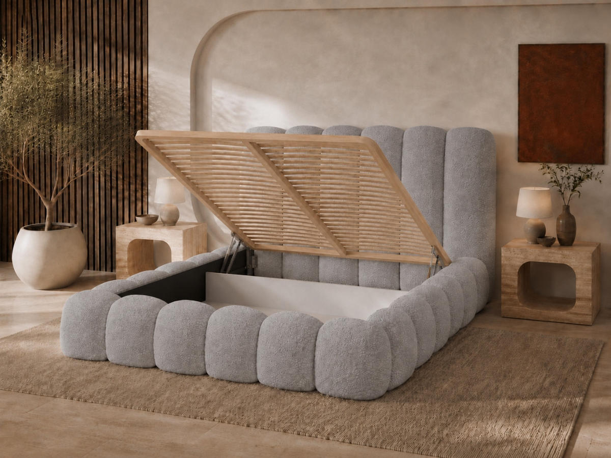 POLSTERBETT MELLOW 120x200 cm in Grau, gepolstertes Kopfteil, Lattenrost, Bettkasten, Bouclé-Stoff - Grau, Holz/Textil (120/200cm) - EMLAR Home