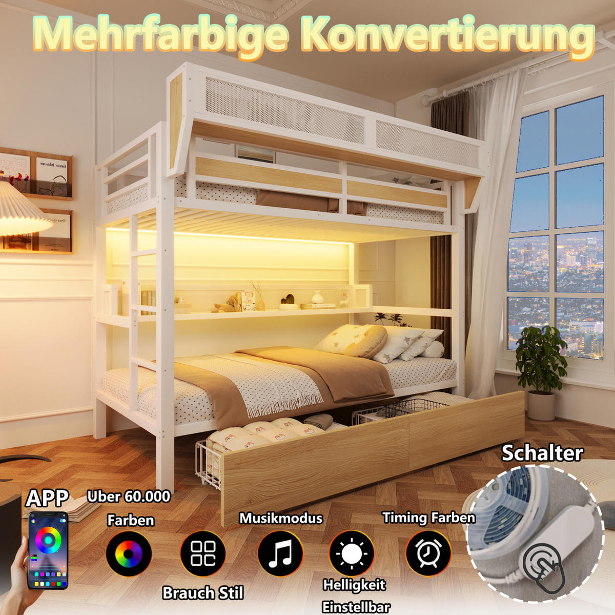 HOCHBETT aus Metall und MDF 90x200 cm Weiß mit 2 Schubladen, Regal, Aufbewahrungskorb und LED-Licht - Weiß, Holzwerkstoff (90/200cm) - Modfu