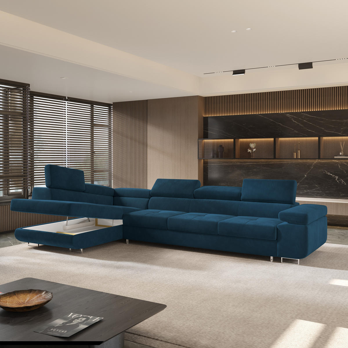 ECKSOFA VICENTE Blau Velours-Stoff mit Schlaffunktion - Blau, Holz (346/202cm) - MASSENO