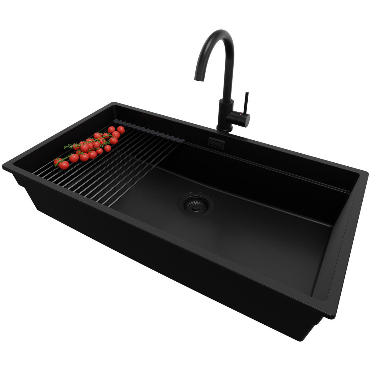 GRANITSPÜLE Praga Slim, 2-er set Schwarz 86/47 cm 1 Becken + Küchenarmatur 32/20 cm + Ablauf-Set + Aufrollbare Abtropffläche ab 90er Unterschrank - Schwarz, Kunststoff (86/20/47cm) - Primagran