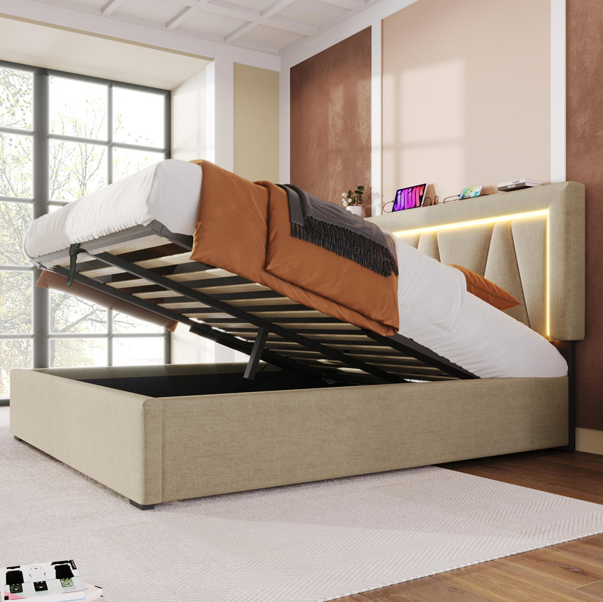 POLSTERBETT 140/200 cm Beige aus Leinen mit LED-Beleuchtung und USB-Ladefunktion - Beige, Textil (140/200cm) - OKMYHOME