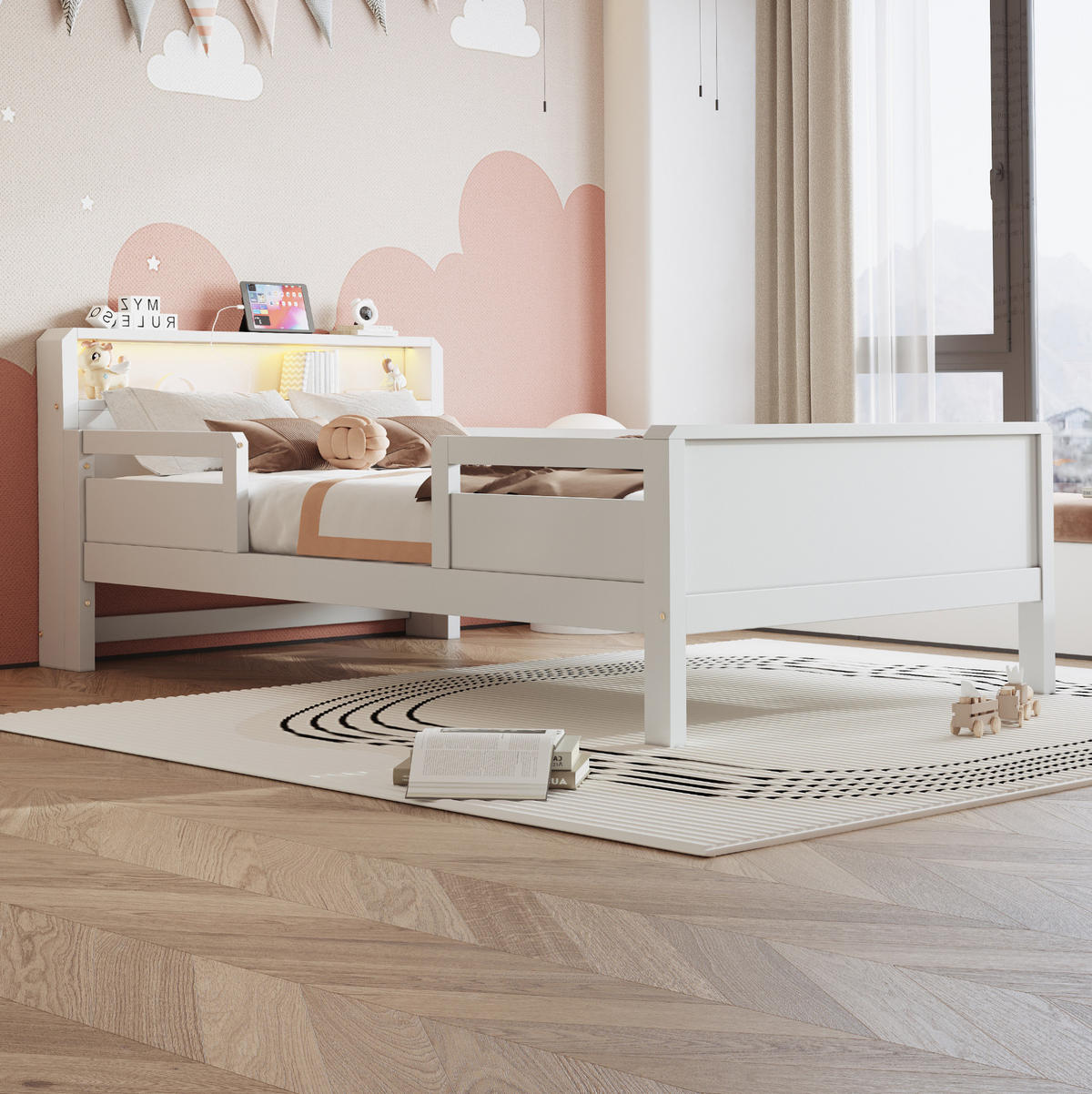 KINDERBETT 90/200 cm aus Kiefern mit LED-Leuchte, USB- und Type-C-Anschluss sowie Kopfteil mit Ablagefach, Weiß - Weiß, Holzwerkstoff (90/200cm) - Redom