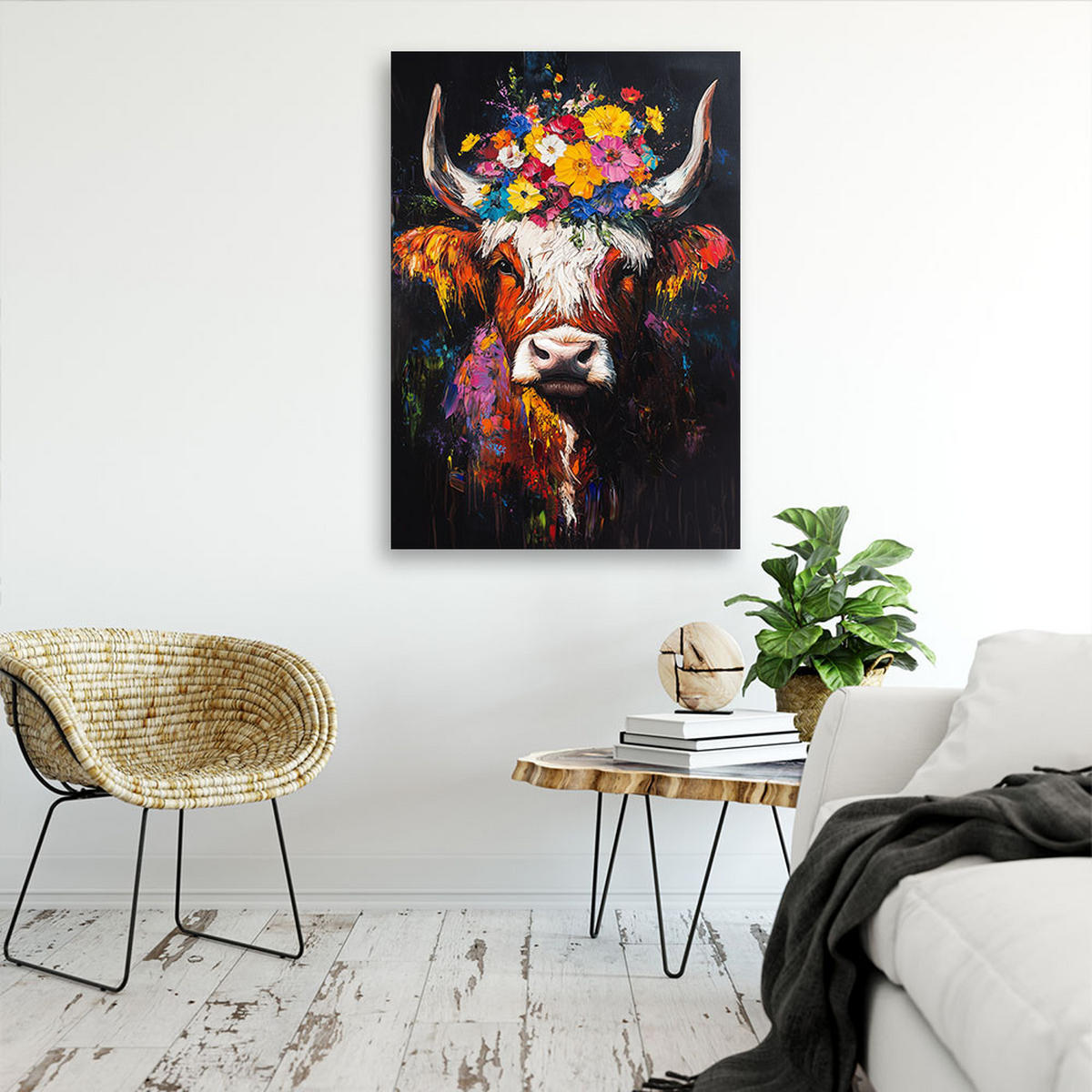 LEINWANDBILD Schottische Kuh mit Blumen auf dem Kopf - Multicolor, Textil (80/120cm) - Feeby